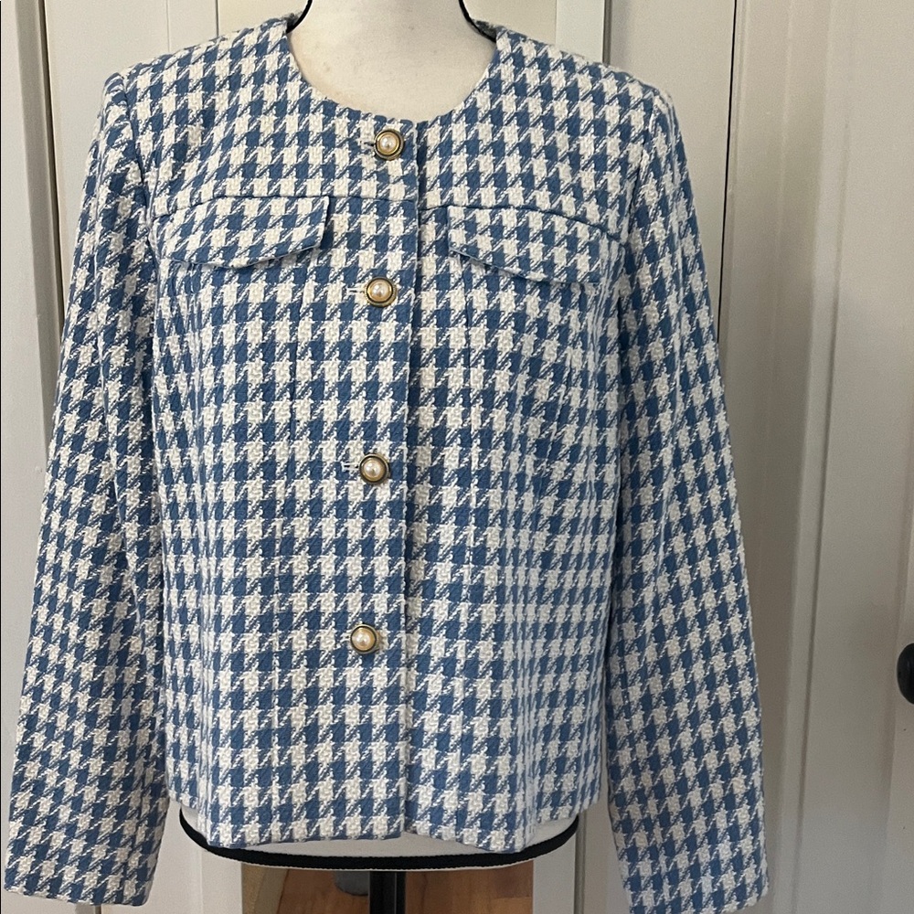 Nanette Lepore Light Blue and White Herringbone Tweed Jacket Decor Buttons Sz M